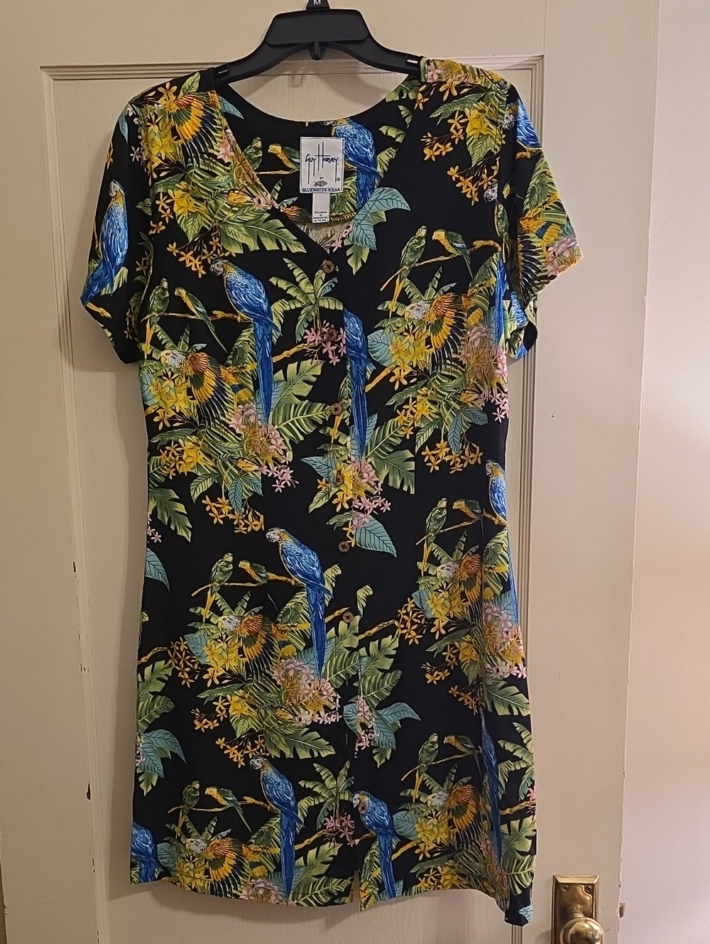 Guy Harvey Black Tropical Parrot Midi Dress with Blue & Green Print